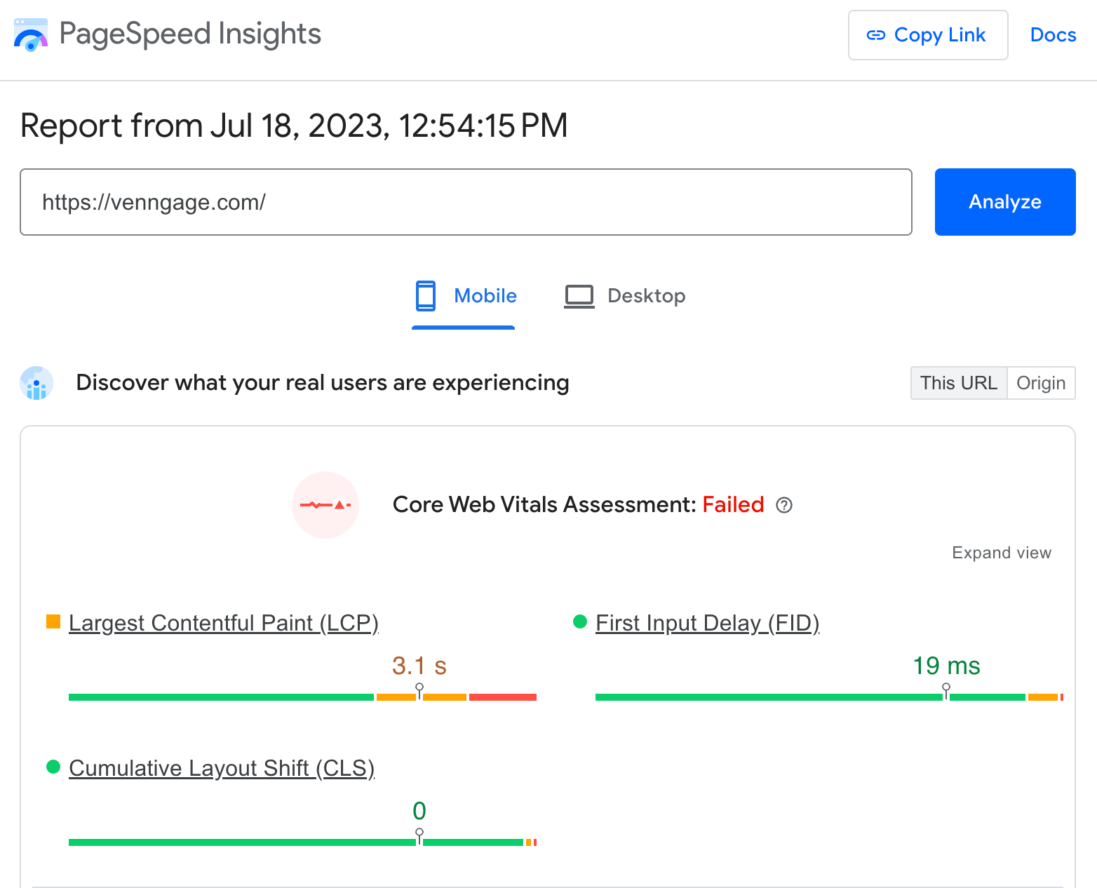 Venngage 的 Core Web Vitals 数据
